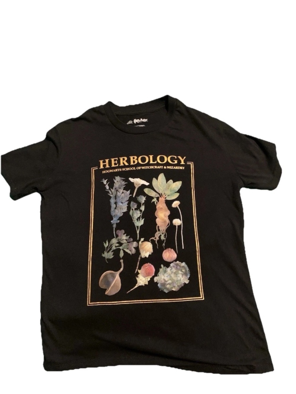Harry Potter Herbology Hogwarts Graphic T-Shirt Black Size XS Botanical